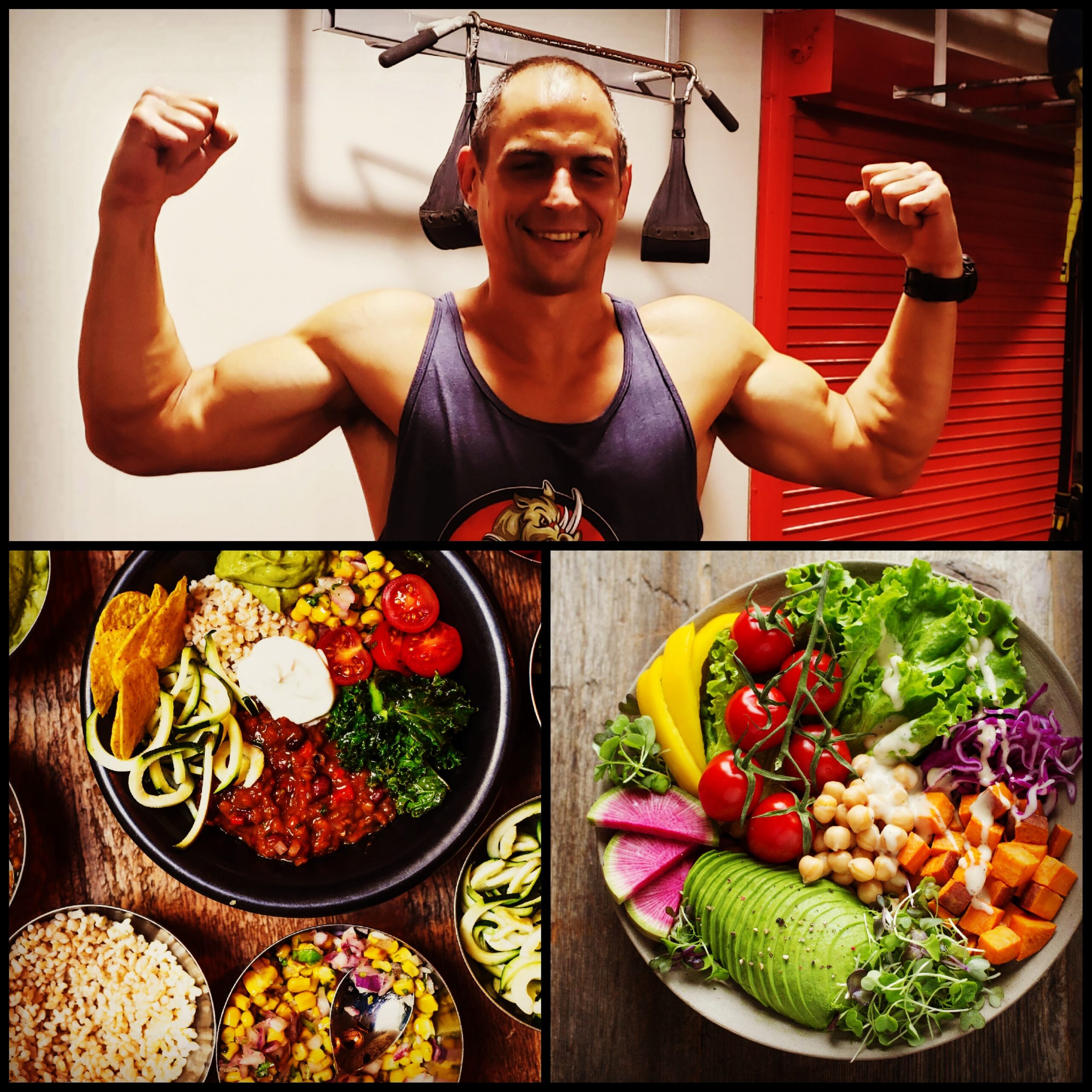 A man flexing his arm muscles with lots of vegetable dishes on bowls